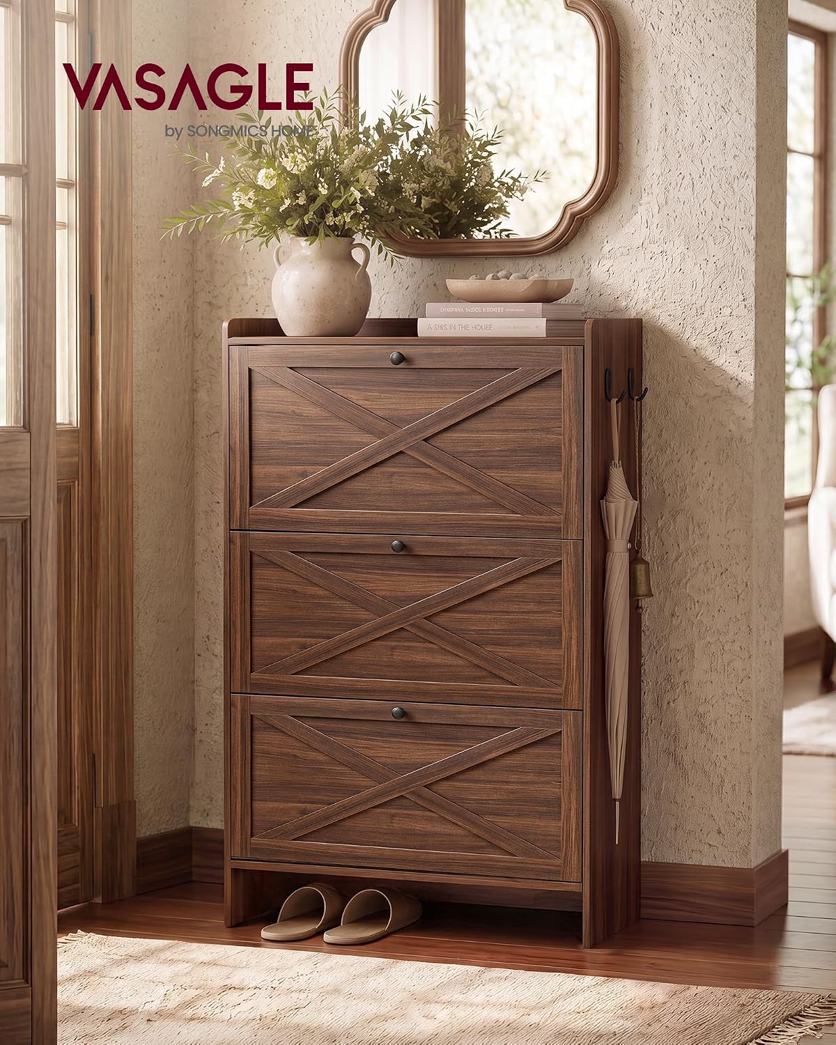 VASAGLE Narrow Shoe Storage Cabinet Organizer with 3 Flip Drawers