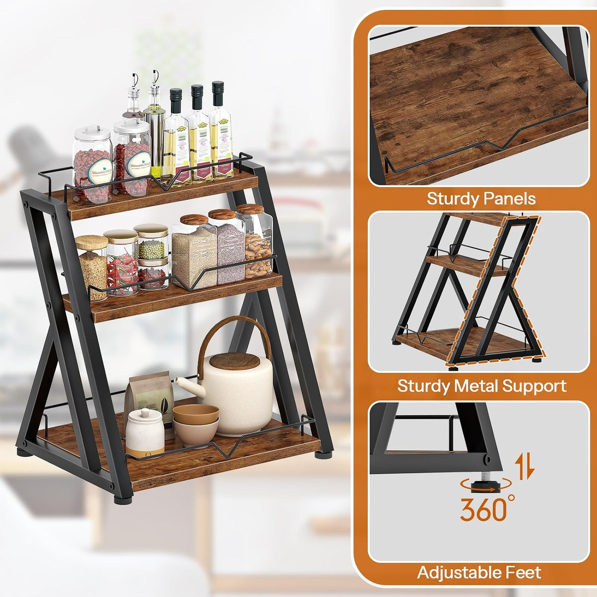 HOOBRO 3-Tier Kitchen Spice Rack, Kitchen Countertop Shelf, Desk Shelf Organi...