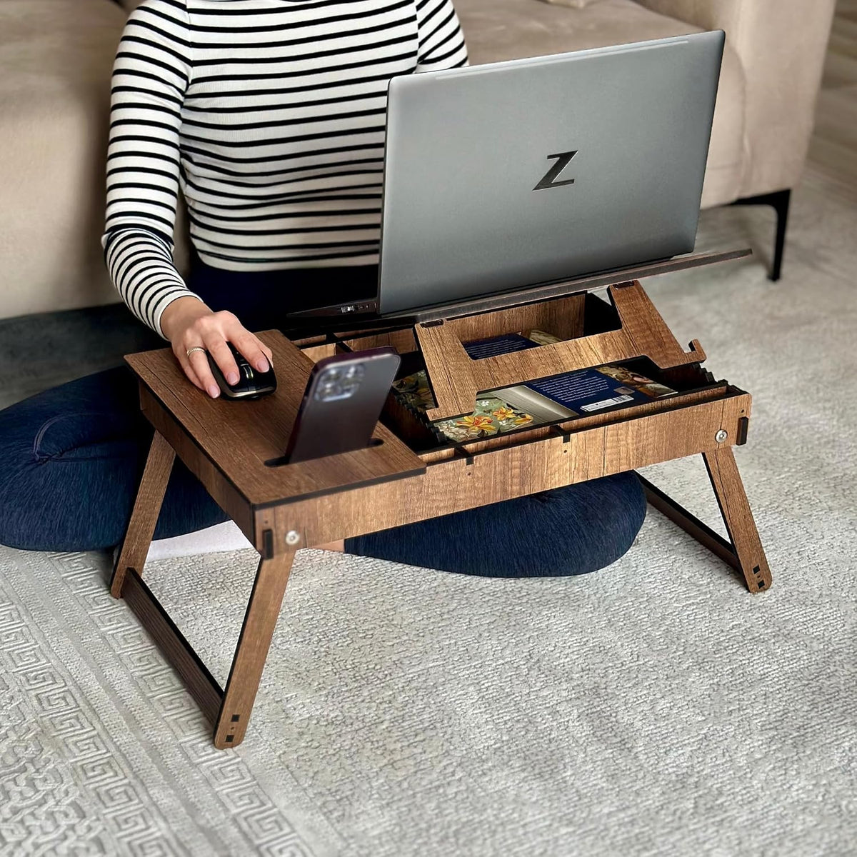 Vigo Wood Laptop Stand with Adjustable Tilt, Folding Legs and Storage Space, ...