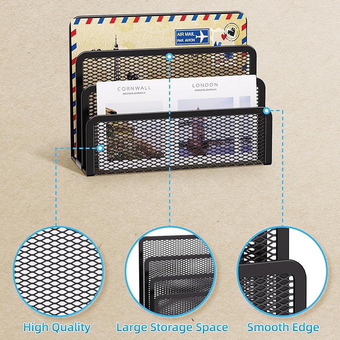 Marbrasse Mail Organizer for Desk, 3-Slot Mesh Metal Mail Holder countertop - Image 2