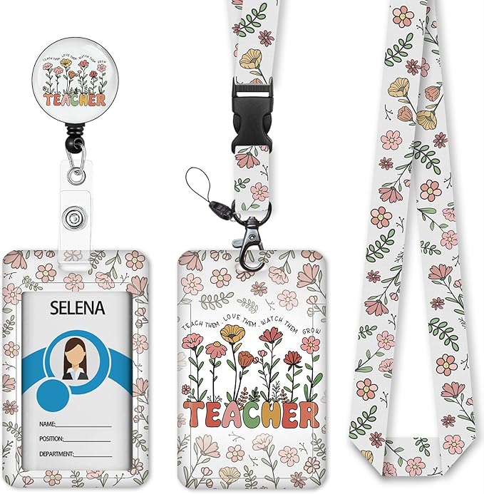 Teacher Badge Holder with Retractable Lanyard, Flower Lanyards by Mcapirivo