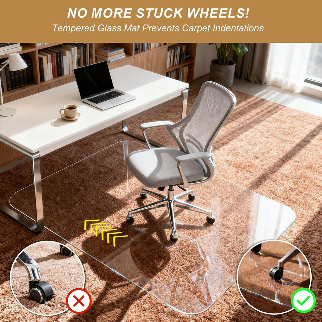 Vicwe Glass Chair Mat for Carpet, 32"x48" Tempered Glass Office Chair Mat | 1/5" Thick,Heavy Duty Chair Mat with Rounded and Polished Edges,Smooth Glide for Carpet & Hardwood Floor Protection,Ship Flat