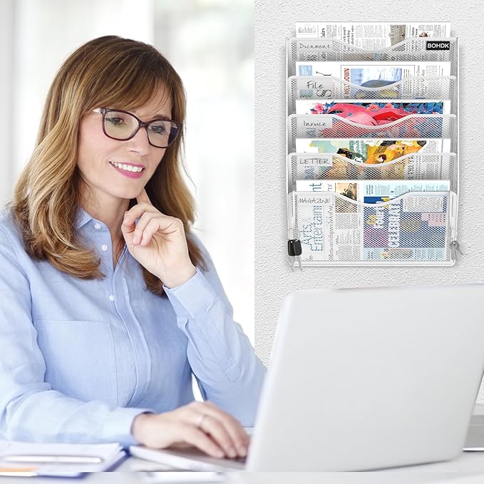 Wall File Organizer, 5 Tire Hanging File Folder Organizer, Vertical Mesh Metal - Image 4