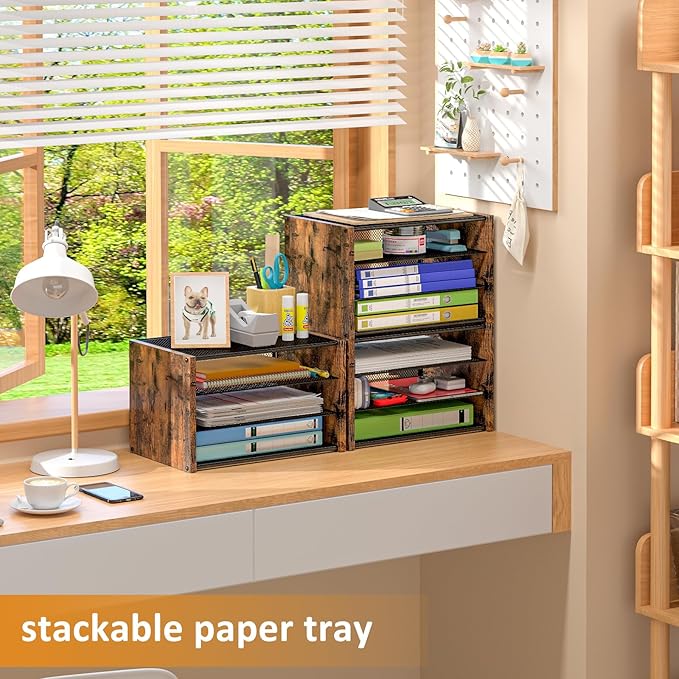 3-Tier Paper Letter Tray, Wooden Desk File Organizer, Stackable Metal Mesh Desk - Image 7