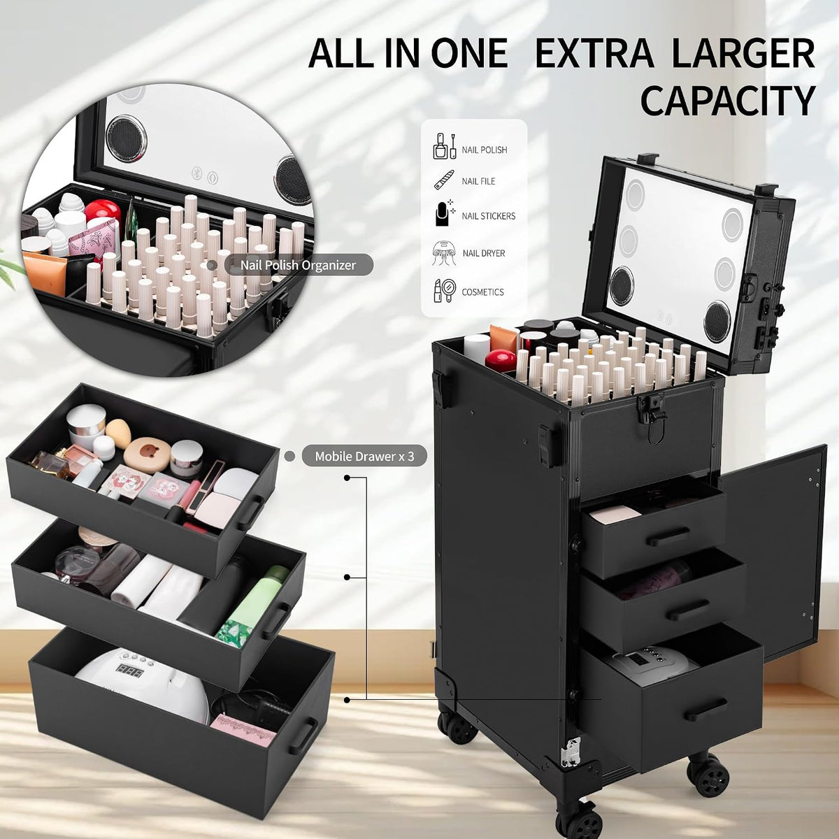 Portable Manicure Table 3 Drawers, Rolling Lockable Makeup Train Case with Bl...