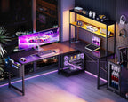 ODK 61" L Shaped Gaming Computer Desk with Shelves, LED & Outlets, Black | Headset hook. Storage bag. Shelves for books & supplies. LED for gaming nights. Reversible. Room for multiple monitors.