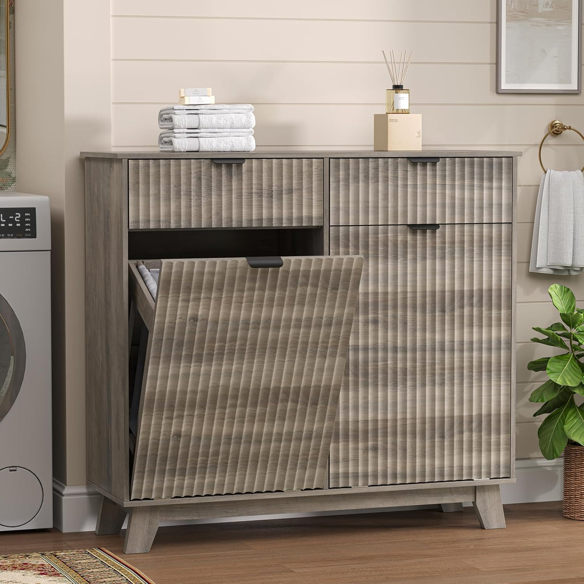 Wodeer Double Tilt Out Laundry Hamper Cabinet with 2 Drawers & Baskets, 2...