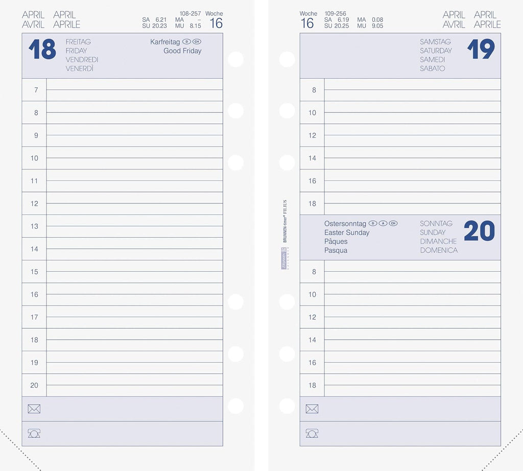 BRUNNEN 1074902001 Daily Calendar, Schedule Systems, 2021, 1 Page = 1 Day, Sat + Sun on one Page, Sheet Size 9.3 x 17.2 cm.