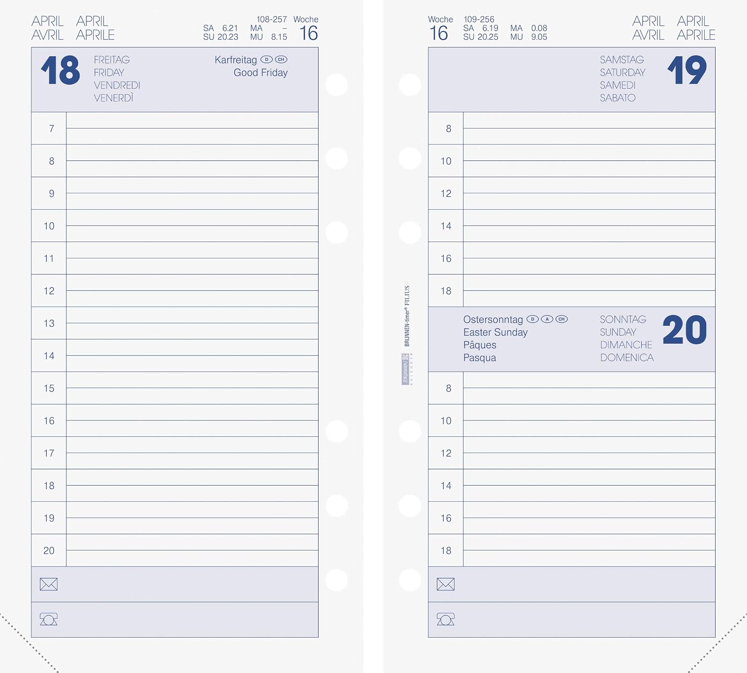 BRUNNEN 1074902001 Daily Calendar, Schedule Systems, 2021, 1 Page = 1 Day, Sat + Sun on one Page, Sheet Size 9.3 x 17.2 cm.
