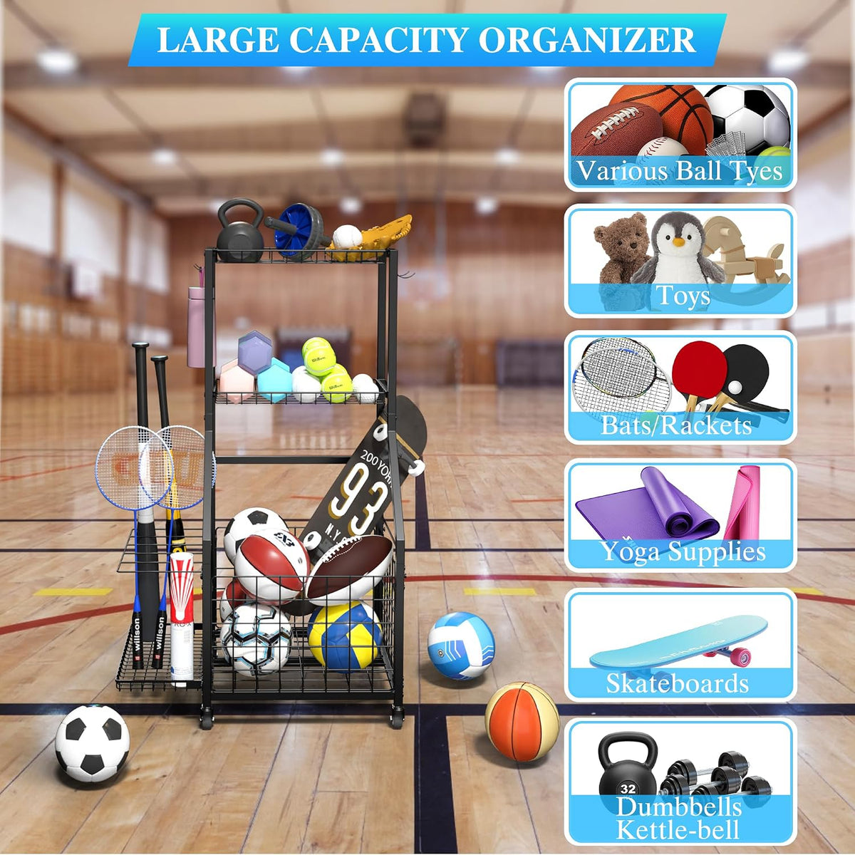 sports equipment garage organizer,garage ball storage rack for, close-up detail