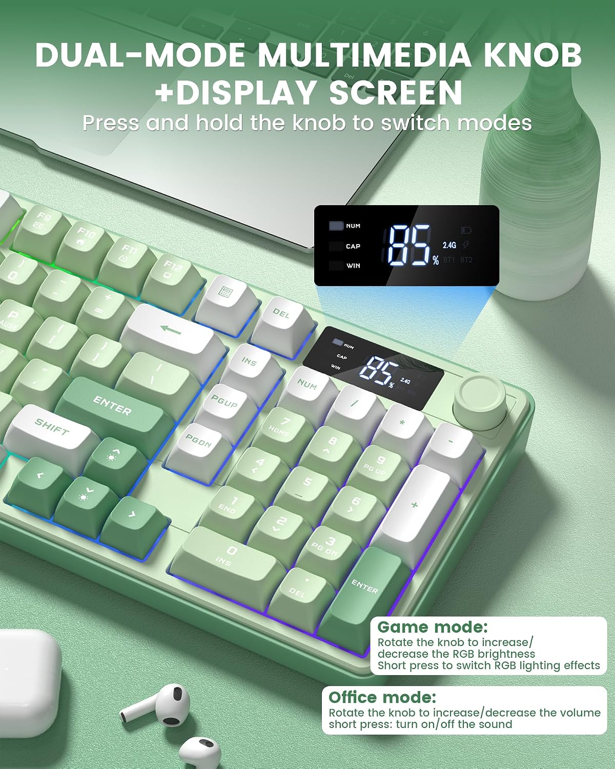 Keymatic Gaming Keyboard Wireless Creamy Keyboard with Media Knob & Scree...