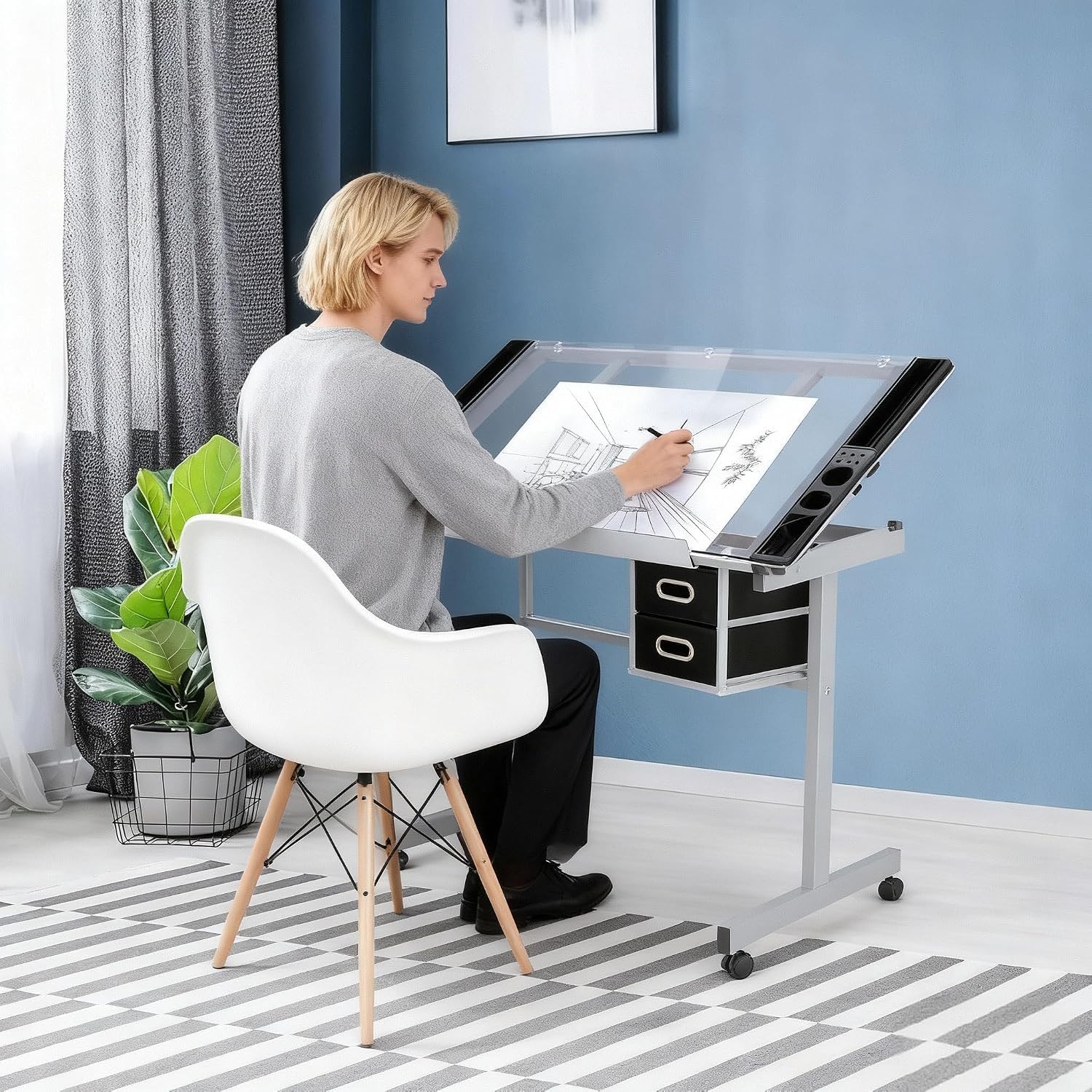 ZENY Drafting Table on Wheels with Storage Drawers, Adjustable Glass Tabletop, Craft Table Drawing Desk Artist Hobby Table for Painting, Drawing, Crafting | Mobile Rolling Drawing Desk with Adjustable Tilting Glass Top, Storage Drawers, Art Craft