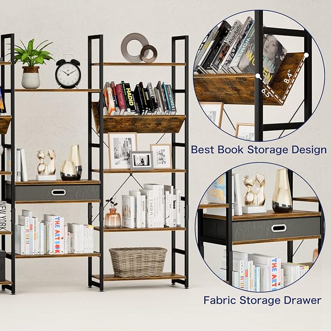 NUMENN Triple Wide 5 Tier Bookshelf, Adjustable Rustic Industrial Style Book - Image 6