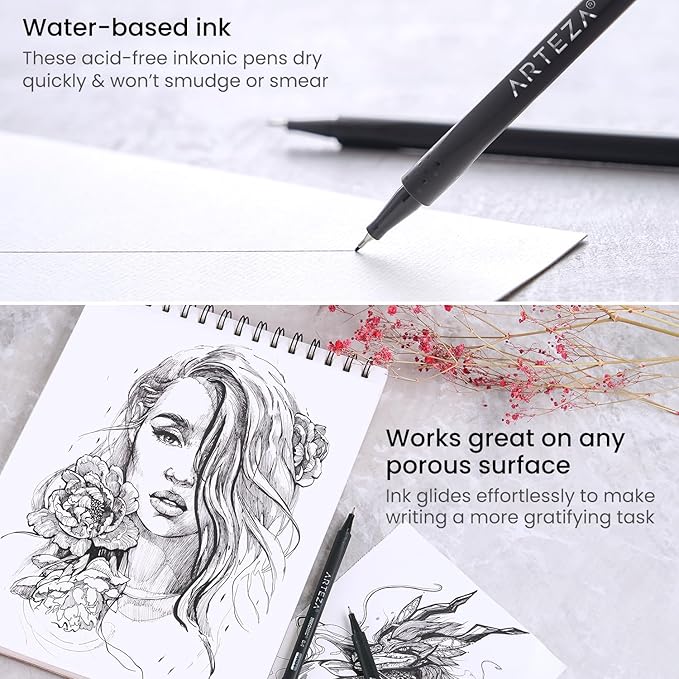ARTEZA Black Inkonic Fineliners Pens, 0.4 mm Fine Tip Markers, Water-Based Art - Image 3