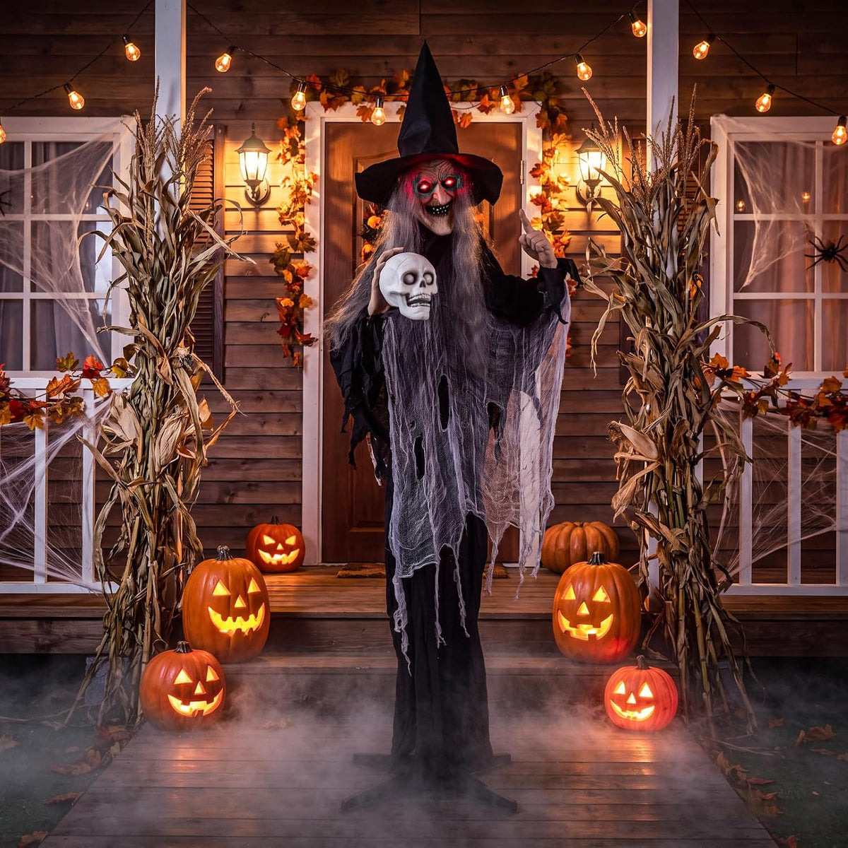 Tangkula 6.3 FT Animated Halloween Standing Talking Witch with Skull