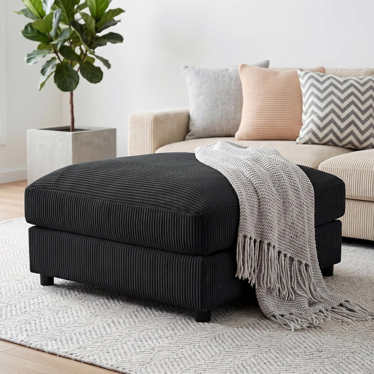 Mofolit 40" Corduroy Ottoman Oversized Upholstered Footrest (Black)