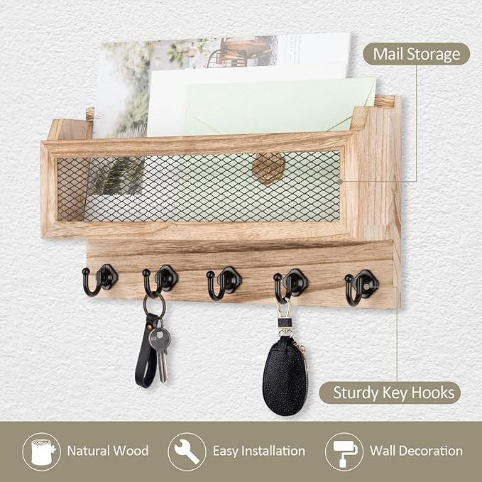 Nekon Mail and Key Holder for Wall Decorative, 11 Inch Wooden Wall Key Organizer - Image 3
