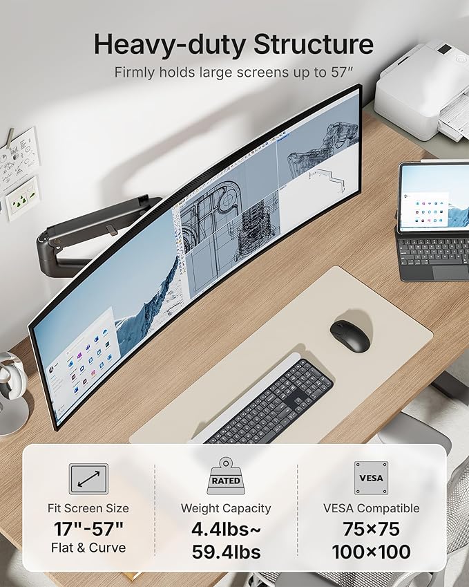 monTEK Heavy-Duty Monitor Arm for 17-57" Ultrawide Curved Screen, Supports up - Image 2