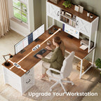SEDETA Reversible Farmhouse L Shaped Computer Desk with Drawers, Hutch | L Shaped Corner Gaming Desk with LED Light and Storage Shelves for Home Office/Two Person, White