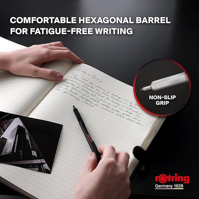 Rotring 600 Gel Pen | 0.55 mm | Black Ink | Silver Metal Body Pen | Non-Slip - Image 4