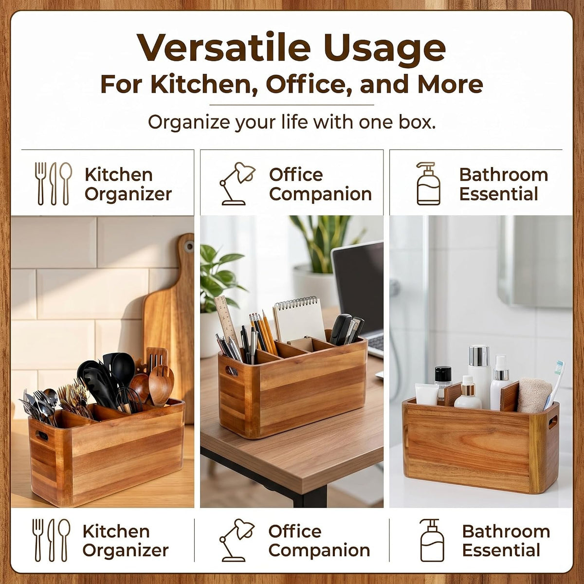 FUSHITON Extra Large Acacia Wood Utensil Caddy, 4 Compartment Rustic Countert...