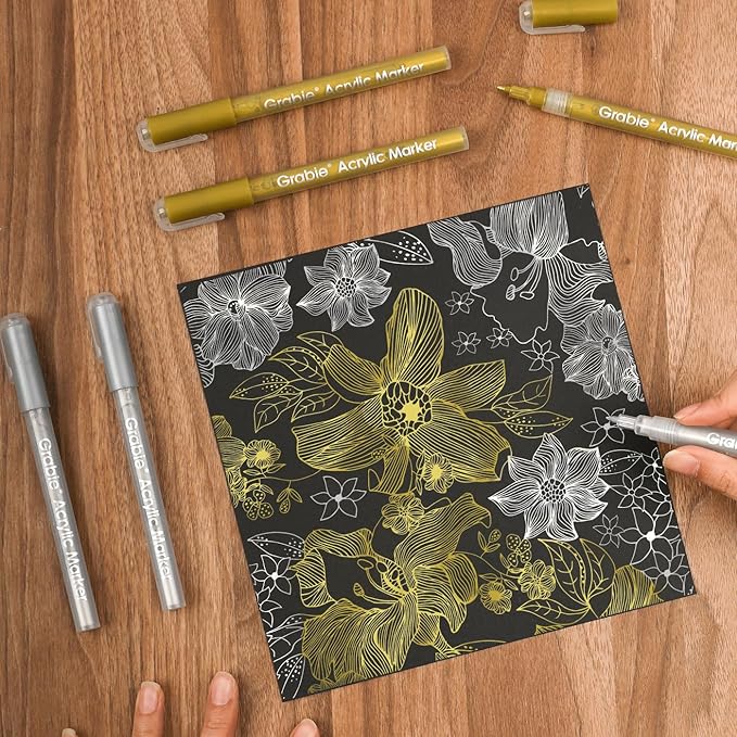 Grabie Gold&Silver Extra Fine Tip Acrylic Paint Marker Set, 6 Pack Gold Paint - Image 3