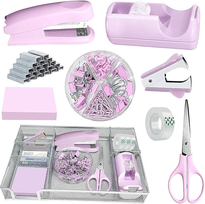 Purple Office Desk Accessories, Stapler and Tape Dispenser Set, Staple Remover by Unknown