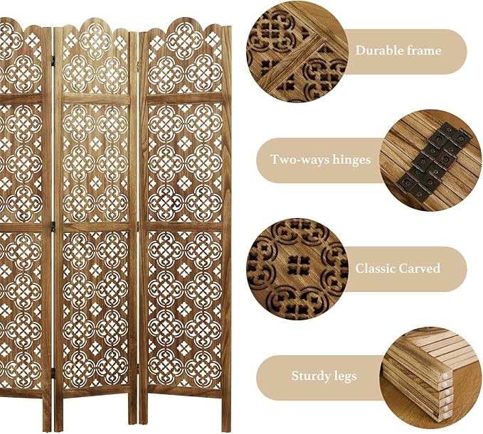 68.9Inch Folding Room Divider, 6 Panels Wood Carved Privacy Screens, Free - Image 3