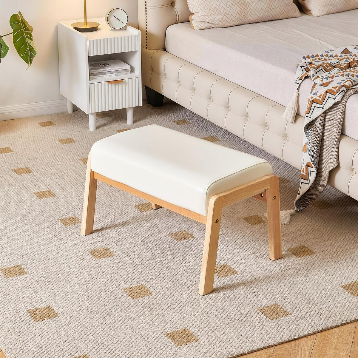 IBUYKE Large Footstool Ottoman, PU Faux Leather Footrest, White WBD031W