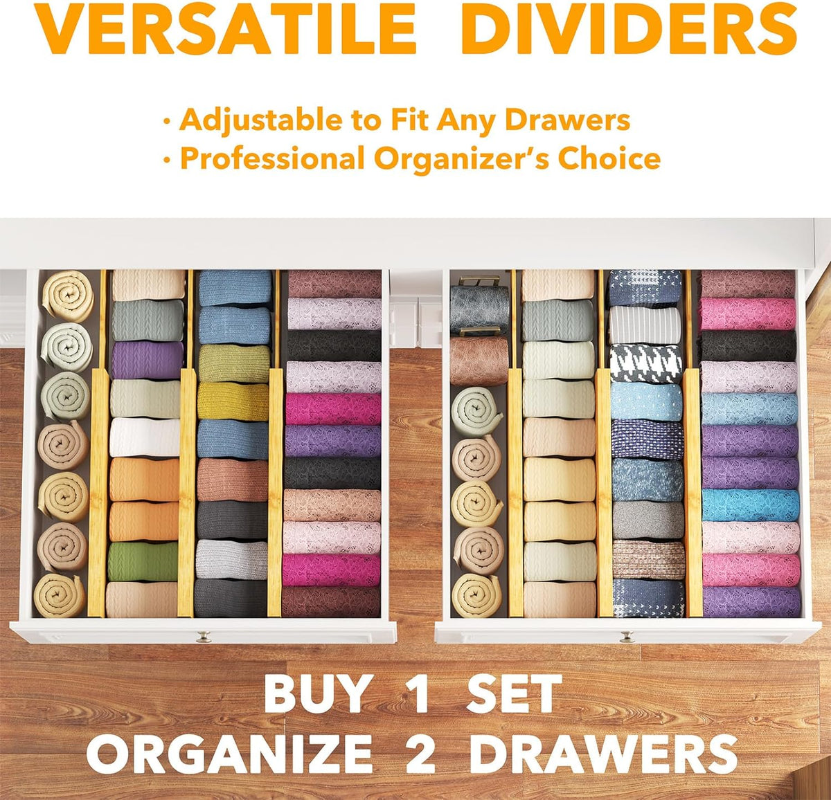 SpaceAid Bamboo Dresser Drawer Dividers 6 Pack, 4.65“ High Adjustable 12.5“-1...