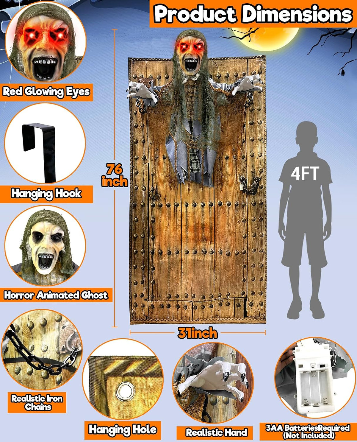 76'' Halloween Outdoor Decorations Animatronic Zombie Ghost with Red Eye