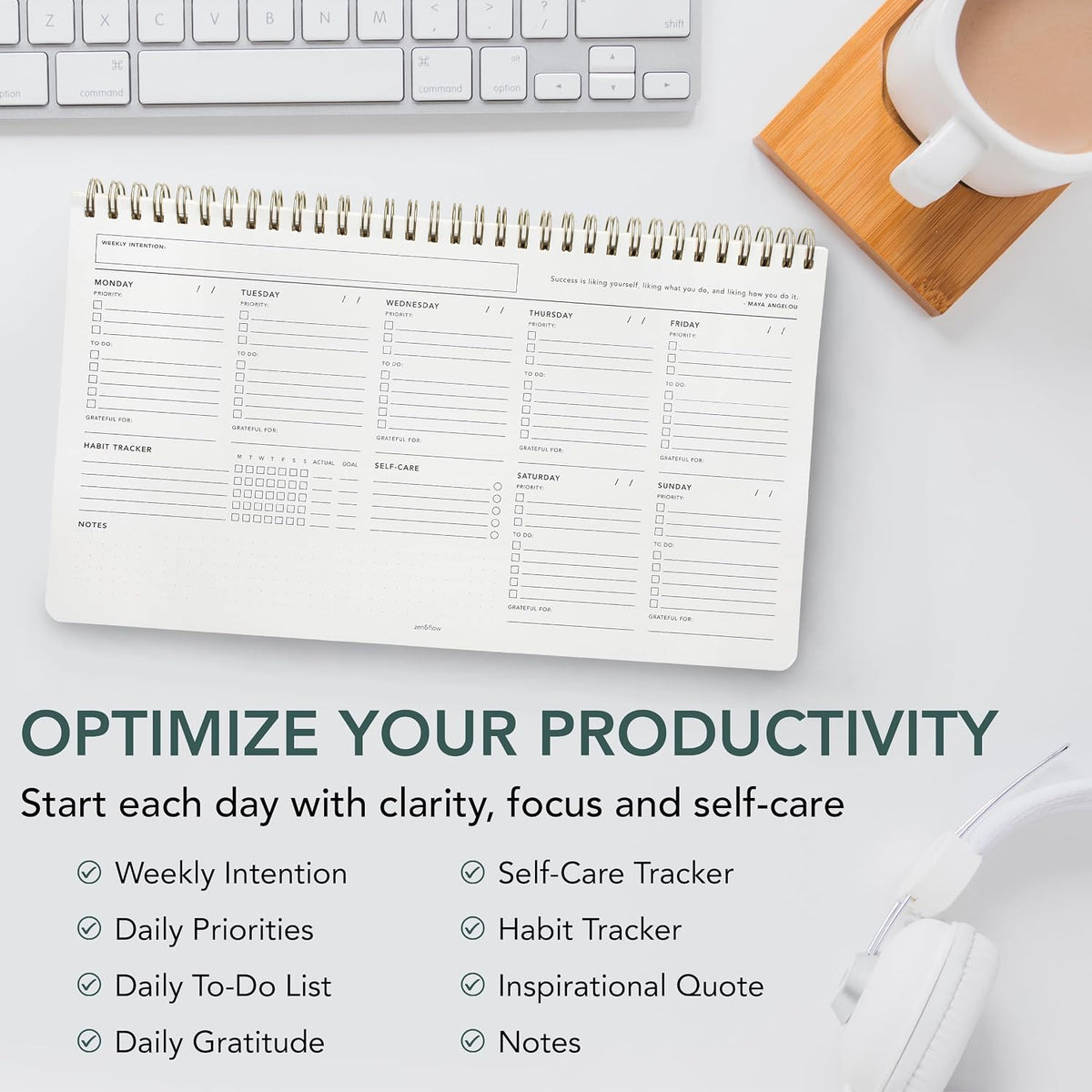 Zen & Flow - Undated Weekly Planner, Dashboard Desk Pad, To Do List Notep...