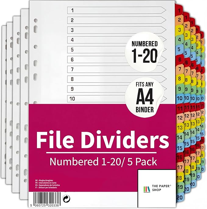 Binder Dividers with Tabs 1-20 Numbered – A4 | Dividers by ThePaperShop