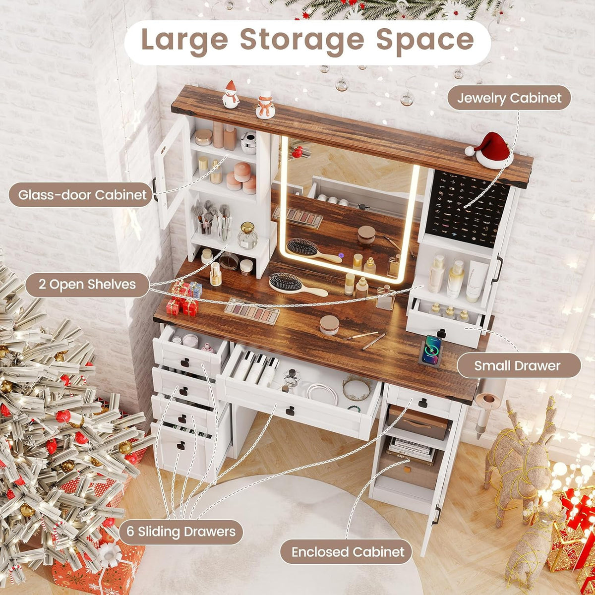 CHARMAID Farmhouse Vanity Desk with Lighted Mirror & 7 Drawers, 45 inch M...