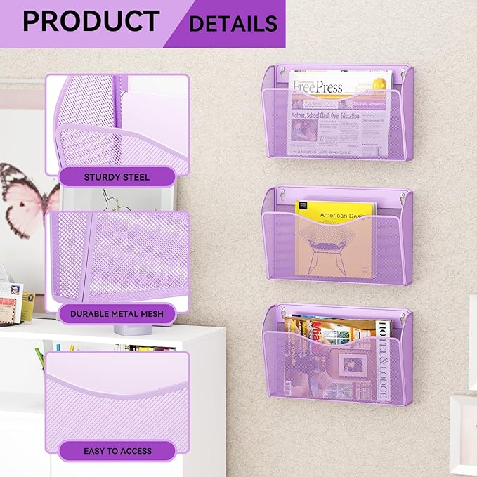 GDINDINFAN 3 Single Pocket Wall File Holder, Mesh Hanging File Folder Paper - Image 4