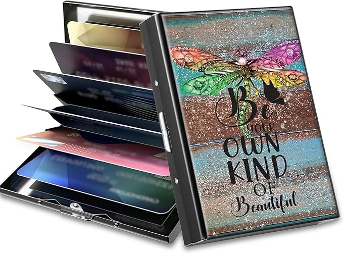 BWEGRHE Slim Credit Card Holder, Dragonfly Glitter Wood RFID Blocking Metal by BWEGRHE
