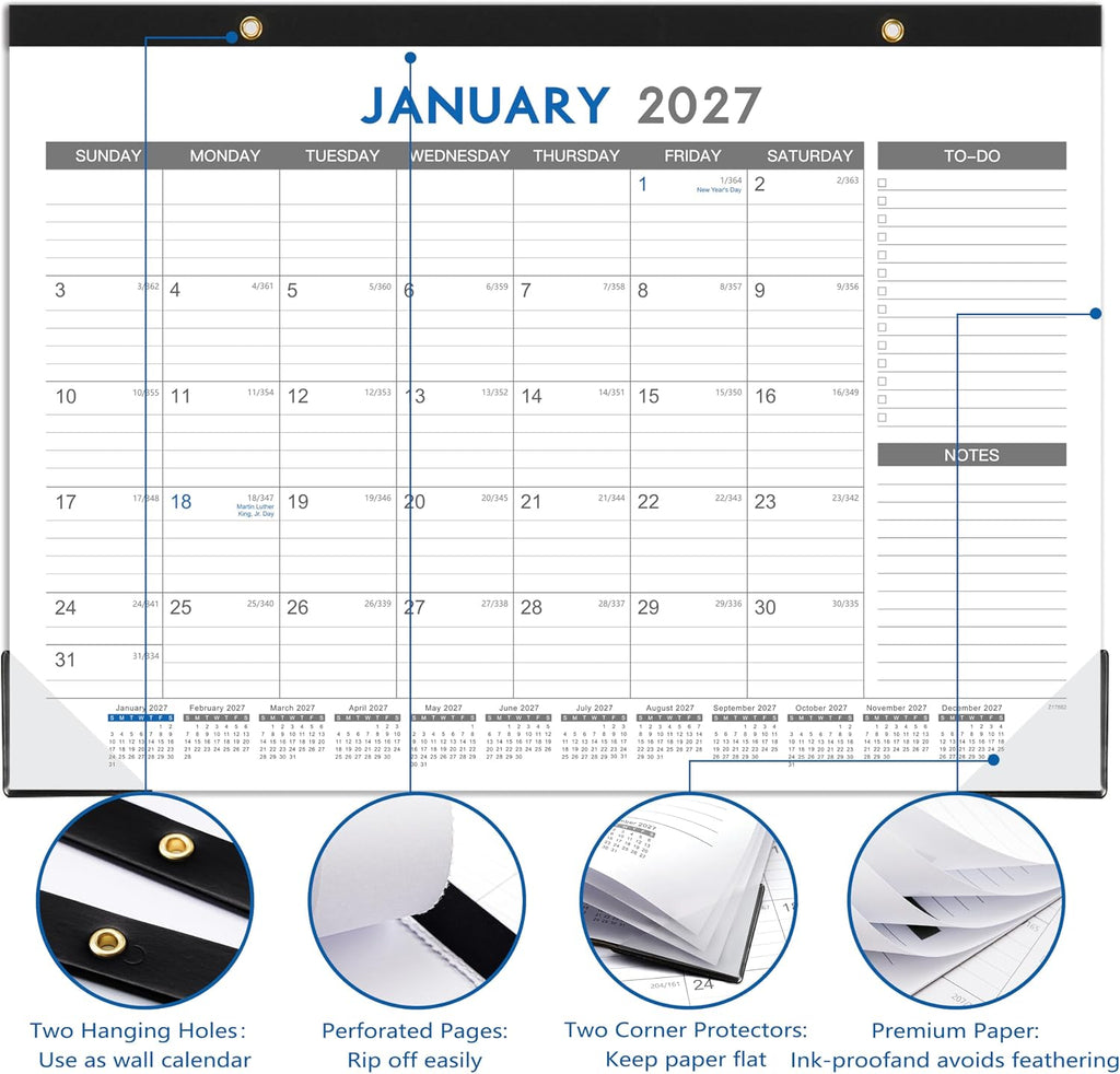 2027 Desk Calendar - 12 Months Calendar from January 2027 to December 2027 | 12 Months Calendar Pad with Black Corner Protectors, 17" x 12", Large Ruled Blocks, Large Office Desk Top Calendar