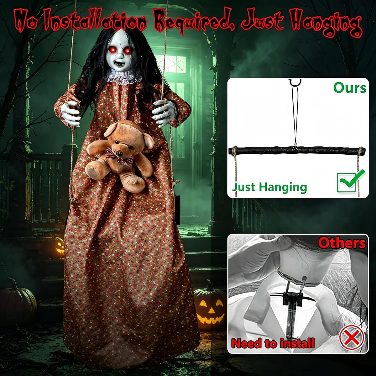 Scary Halloween Decorations Outdoor 45" Hanging Swinging Doll Creepy Girl