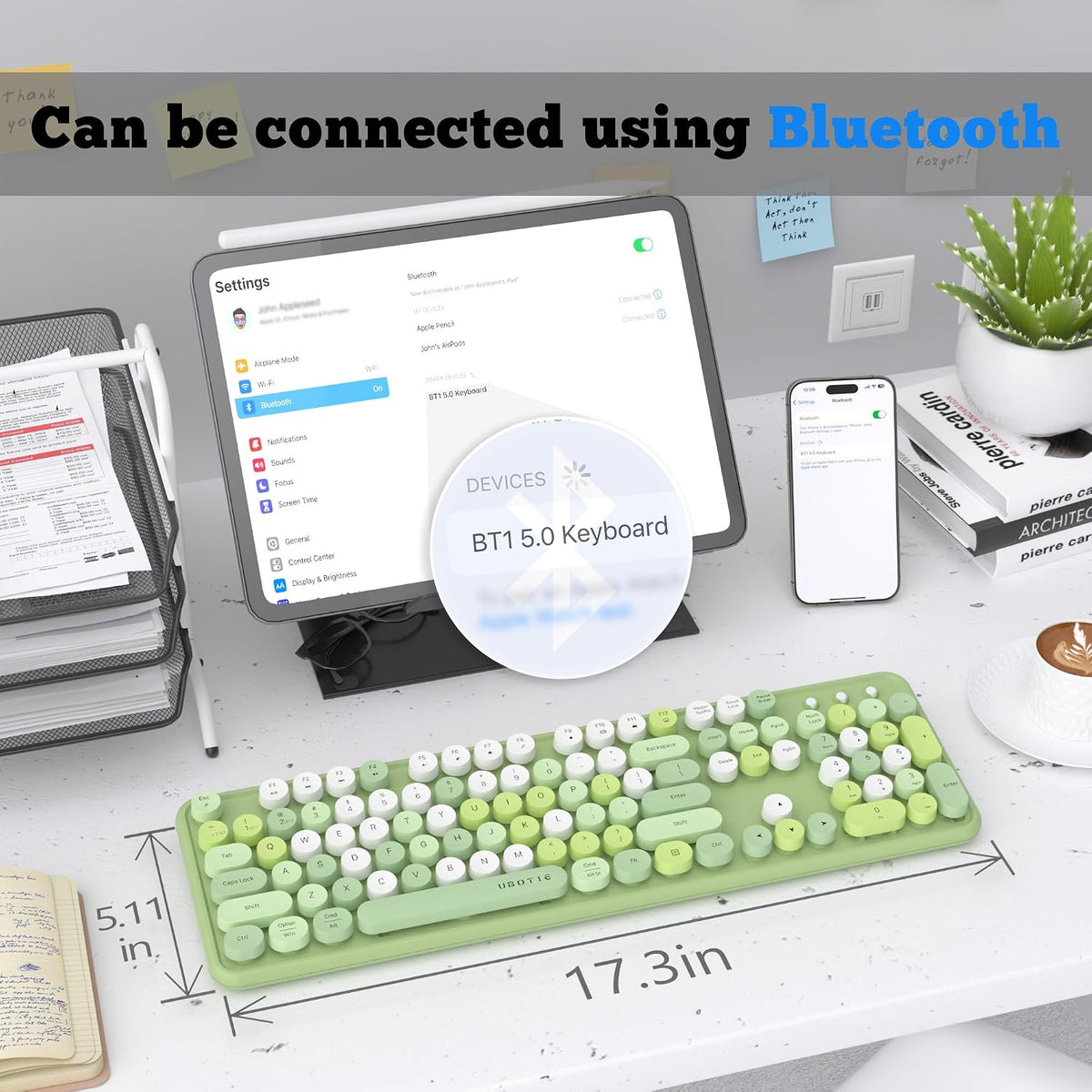 UBOTIE Colorful Wireless Bluetooth Keyboard, Dual Mode (Green Colorful)