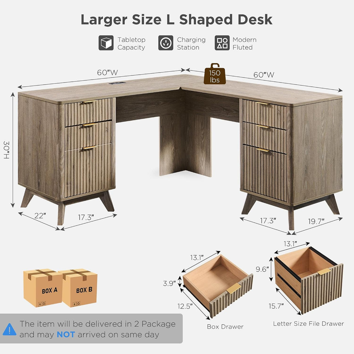 T4TREAM 60-Inch Modern Fluted L-Shaped Executive Desk, Alder Grey