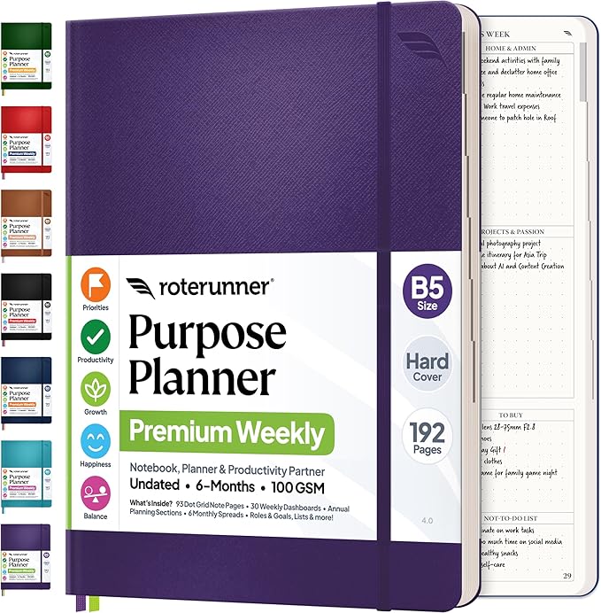 Roterunner Purpose Planner Notebook B5 7.5”x9.8” Undated 2026 Daily Weekly and - Image 9