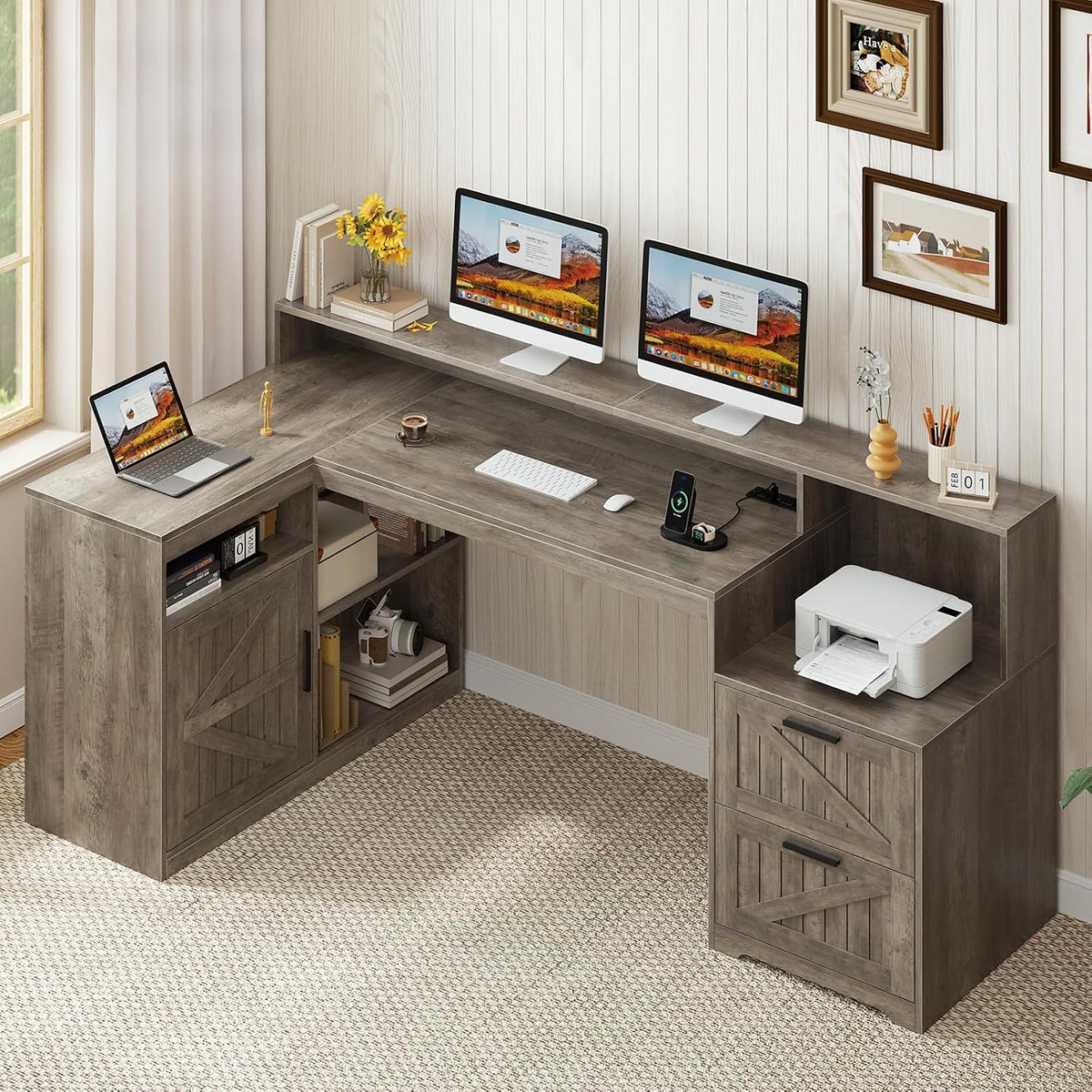 63" Farmhouse L Shaped Desk with Drawers and Printer Stand for Home Office