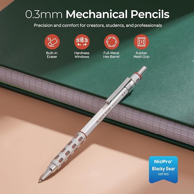 Nicpro Blocky Gear 0.3 mm Mechanical Pencils Set in Case, Metal Pencil - Image 2