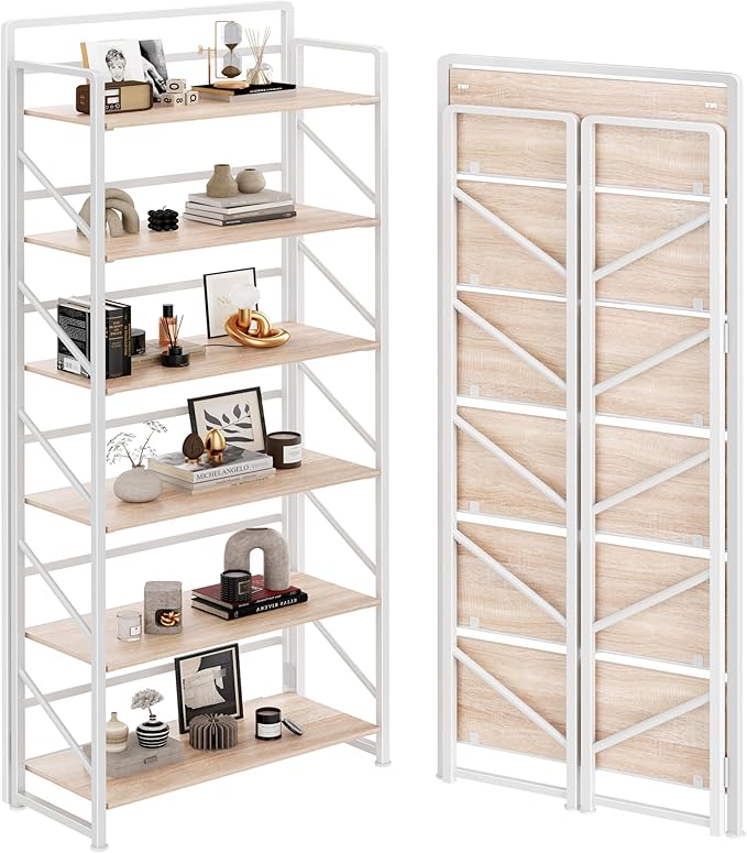 JSB No Assembly Folding Bookshelf, 6 Tier Industrial Metal Book Shelf by HomeFurniture