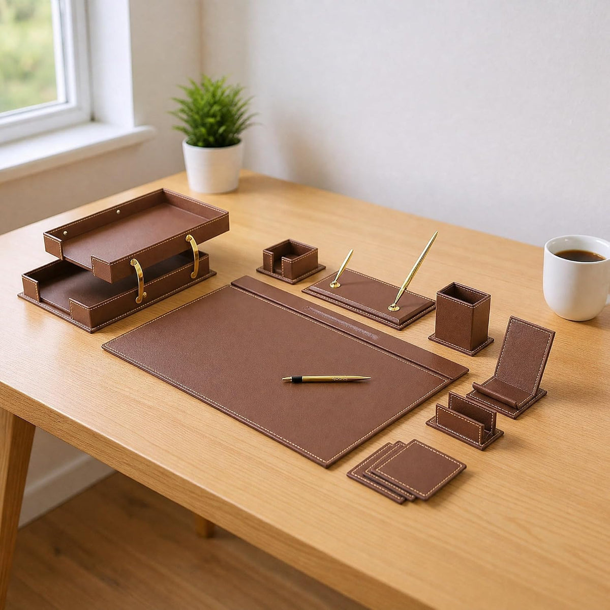 MOOGCO 12-Piece Leather Desk Set — Desk Pad 23.2" x 15.4", Double D...