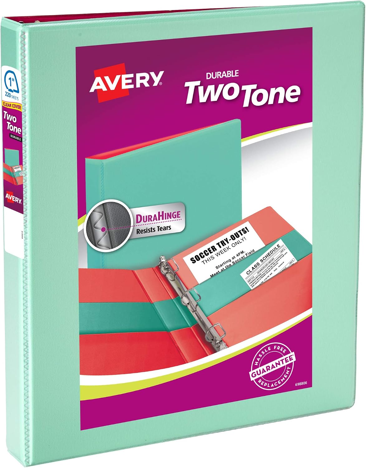 Avery® Two-Tone 3 Ring Binder, 1" Slant Rings, 1 Mint/Coral Binder | For Daily School and Home Use, DuraHinge Tear-Resistant Spine, DuraEdge Split-Resistant Sides, Four Interior Pockets