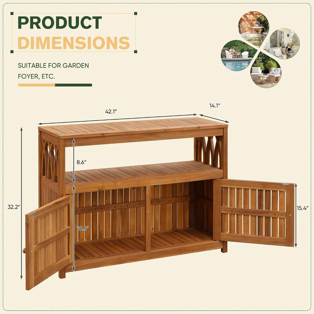 greesum 2‑tier acacia wood outdoor storage cabinet with, close-up detail