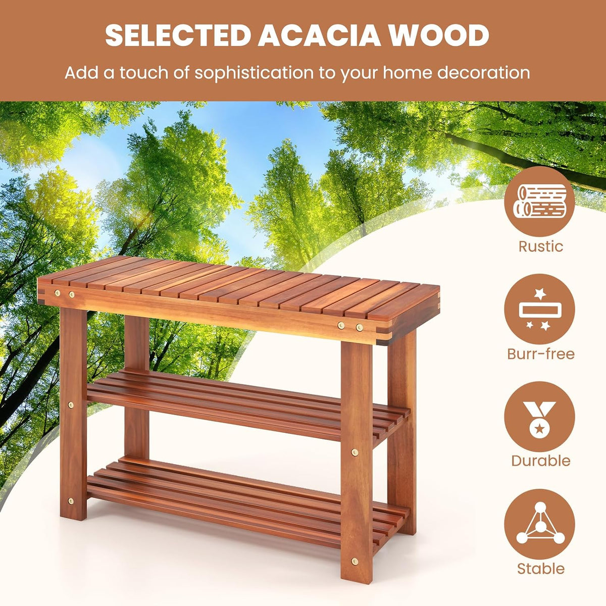 tangkula acacia wood 3-tier shoe rack bench, walnut showing dimensions
