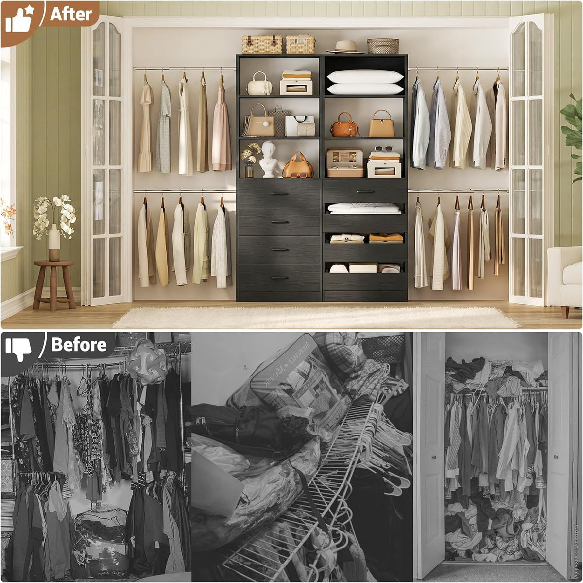 Aheaplus Closet System, 6-15Ft Custom Wood Closet Organizer with 8 Drawers