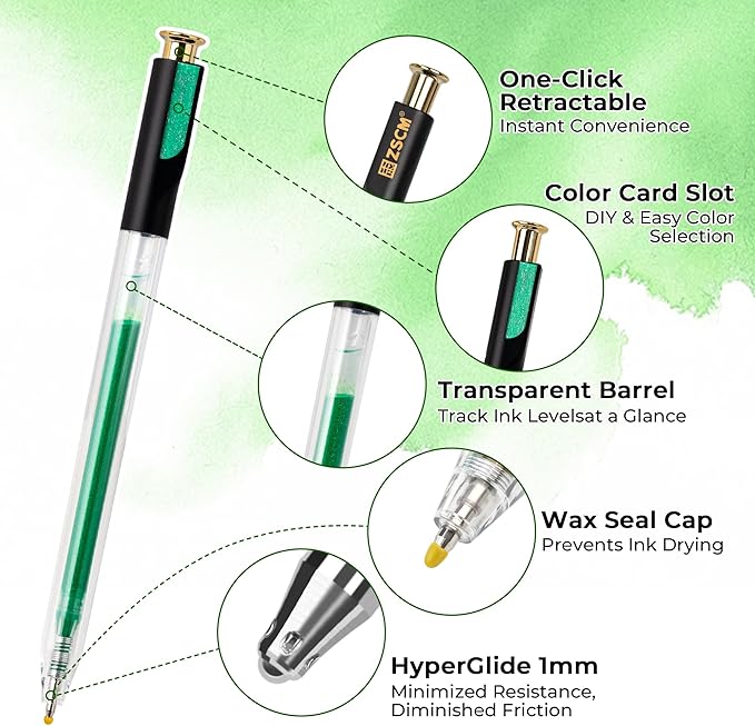 ZSCM Retractable Glitter Gel Pens, 12 Colors Large Capacity Green Glitter - Image 2